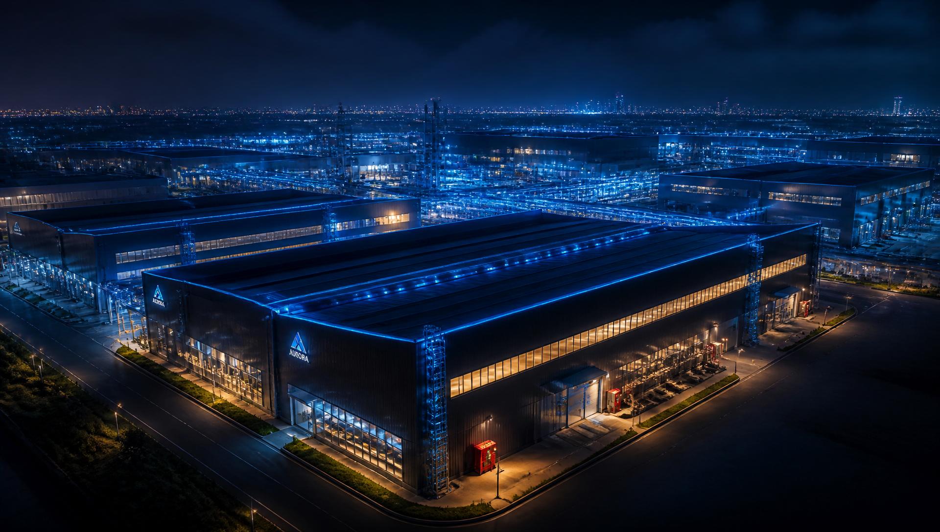 Cinematic nighttime aerial of a modern protected industrial campus